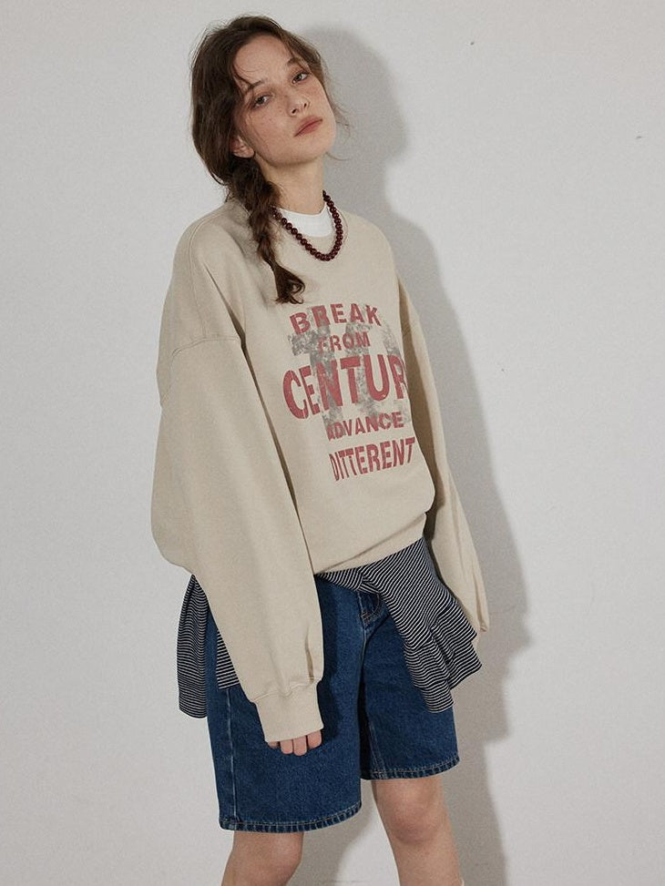 Lofi choose Oversized Letter Print Crewneck Pullover Commuter Style Women Oatmeal Sweatshirt