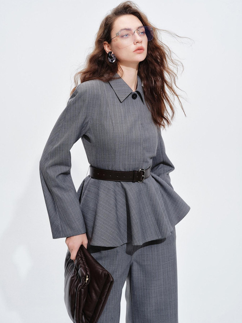 audreyyang Shape Retaining Cinched Waist Herringbone Lapel Women Wool Blend Cropped Jackets