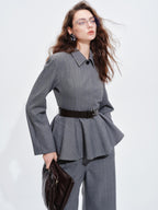 audreyyang Shape Retaining Cinched Waist Herringbone Lapel Women Wool Blend Cropped Jackets