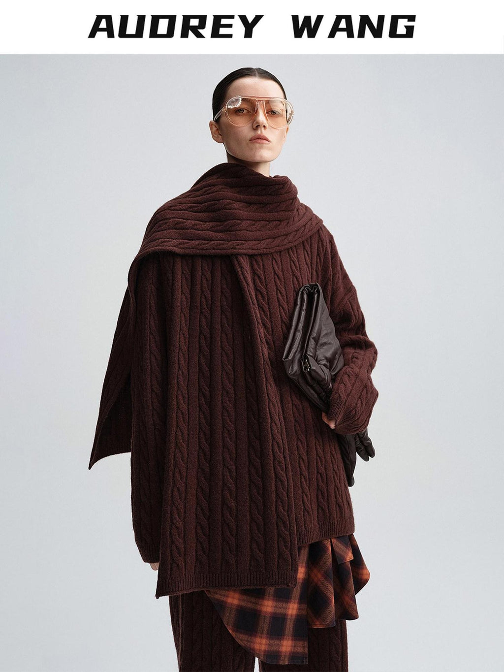 audreyyang 100 Percent Sheepswool Thick Vintage Loose Built In Scarf Women Knit Sweaters