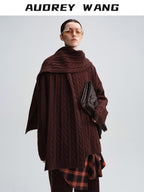 audreyyang 100 Percent Sheepswool Thick Vintage Loose Built In Scarf Women Knit Sweaters
