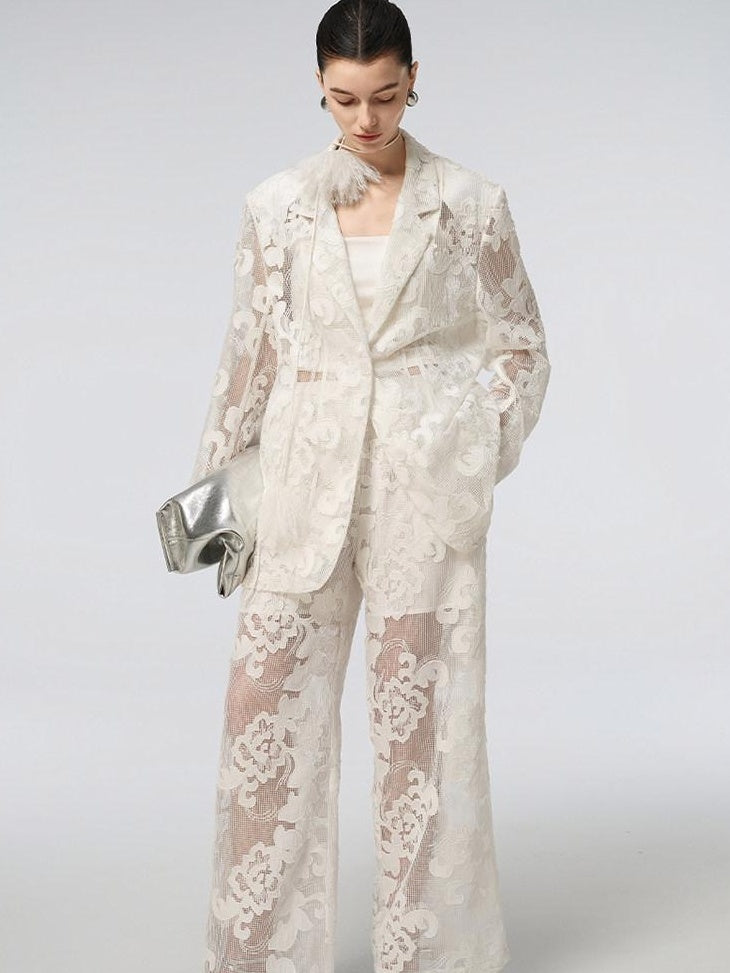 audreyyang Cotton Hollowout Loose Notched Lapel Workwear Women White Suit Top & Pants Sets