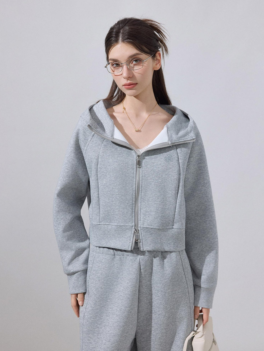 ikyou Embroidered Hooded Cropped Zipper Casual Women Cotton Blend Top & Pants Sets