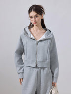 ikyou Embroidered Hooded Cropped Zipper Casual Women Cotton Blend Top & Pants Sets