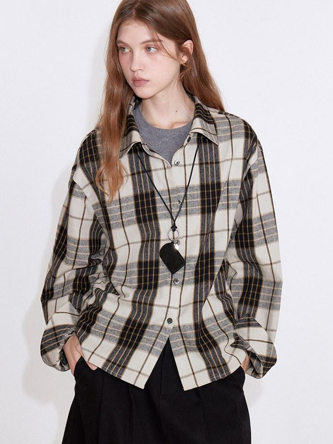 fano Adjustable Cotton Plaid Loose Turndown Collar Long Sleeve Young Women Shirts