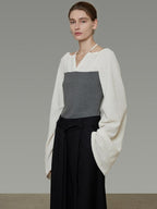 unspoken Breathable Cotton Contrast V-neck Loose Longsleeve Tie Front Women Blouses