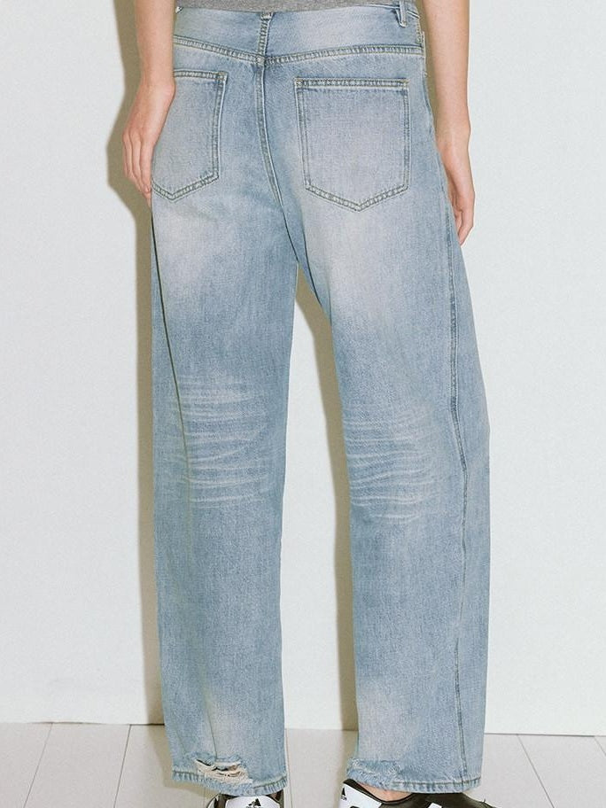 fano High Waist Cotton Floral Blue Zip Fly Loose Fit Women Straight Leg Jeans