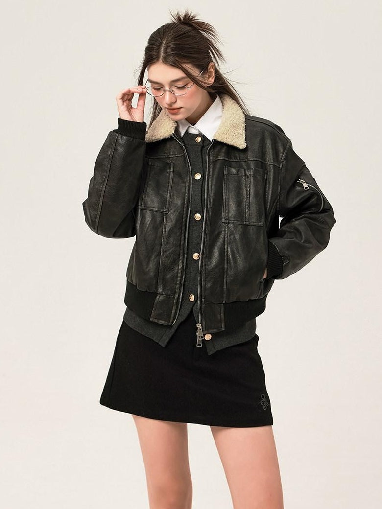 ikyou Thick Distressed Pu Patchwork Straight Zip Pockets Minimalist Leather Jackets