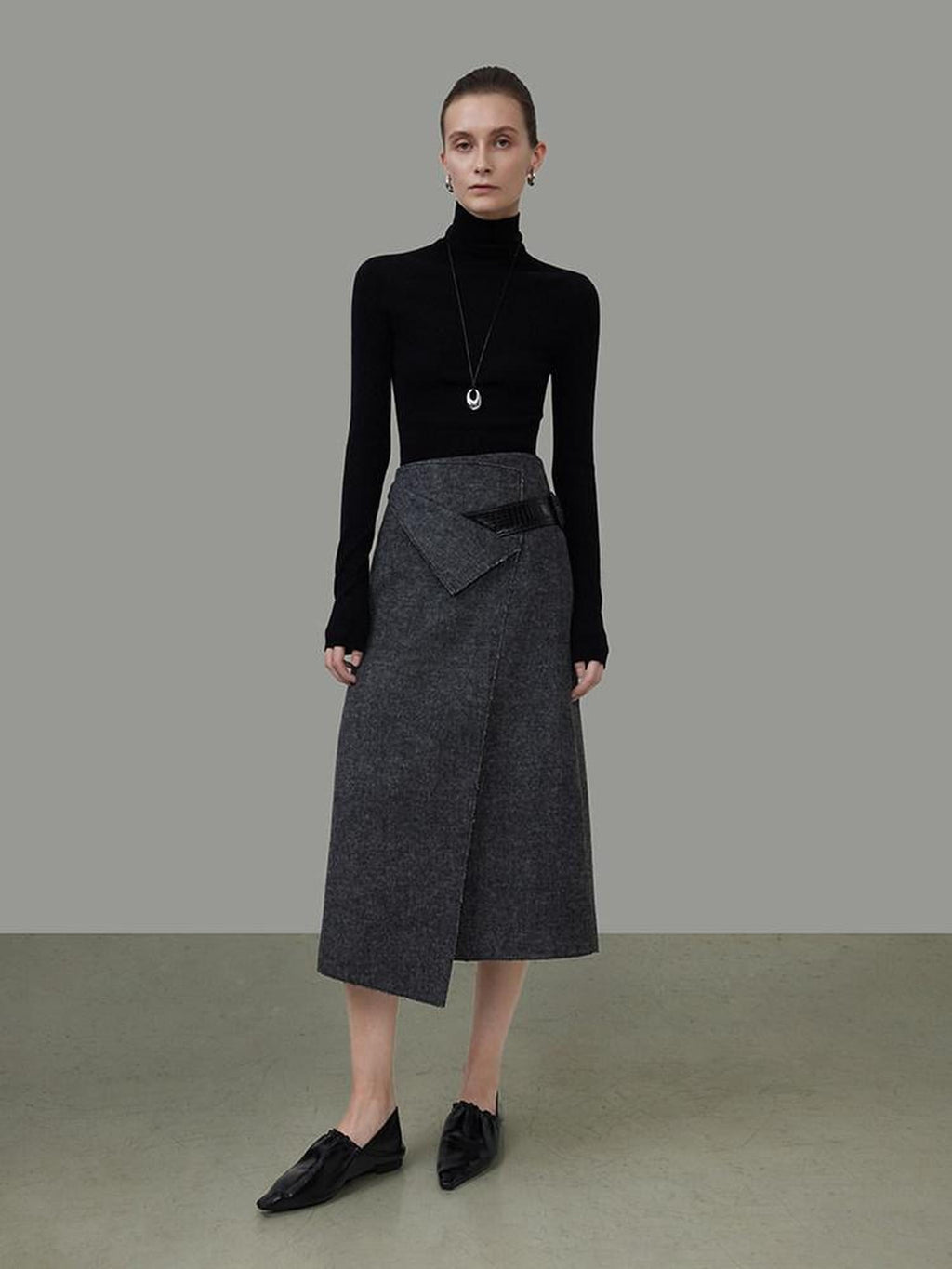 unspoken Wool Blend Lined Asymmetric Aline Mid Waist Minimal Workwear Women Midi Skirts