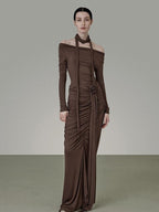 unspoken Slim Pleated Minimalist Workwear Women Pullover Polyester Brown Top & Skirt Sets