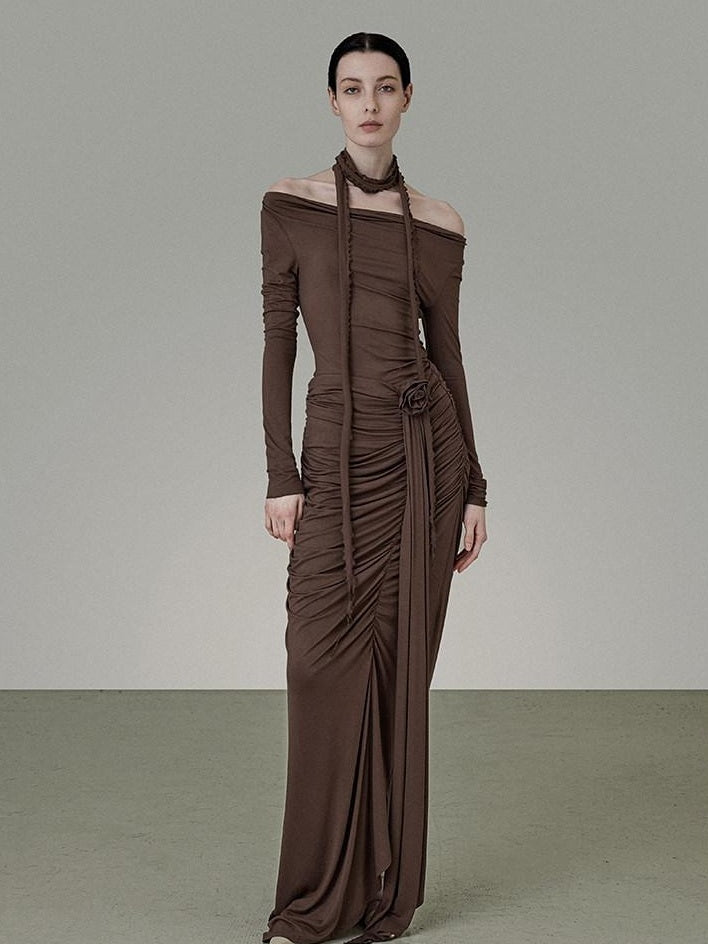unspoken Slim Pleated Minimalist Workwear Women Pullover Polyester Brown Top & Skirt Sets