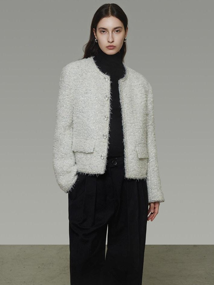 unspoken Lambswool Minimal Commuter Loose Single Button Round Neck Women Cropped Jackets