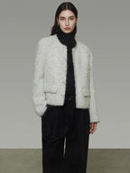 unspoken Lambswool Minimal Commuter Loose Single Button Round Neck Women Cropped Jackets