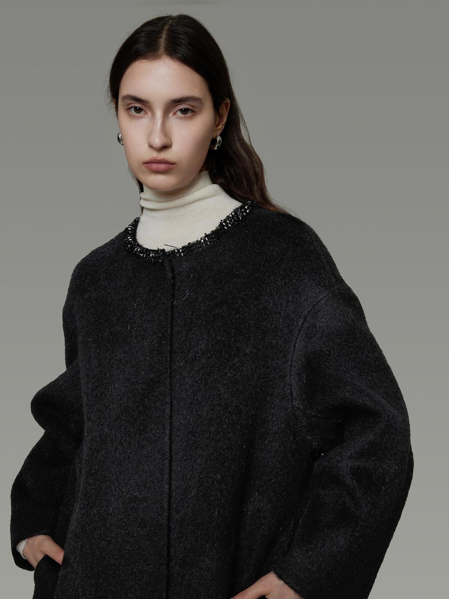 unspoken Heavyweight Lambswool Blend Minimal Commuter Loose Longline Black Wool Coats