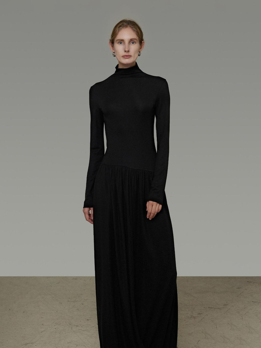 unspoken Modal Knit Turtleneck Slim Waist Long Sleeve City Workwear Black Maxi Dresses