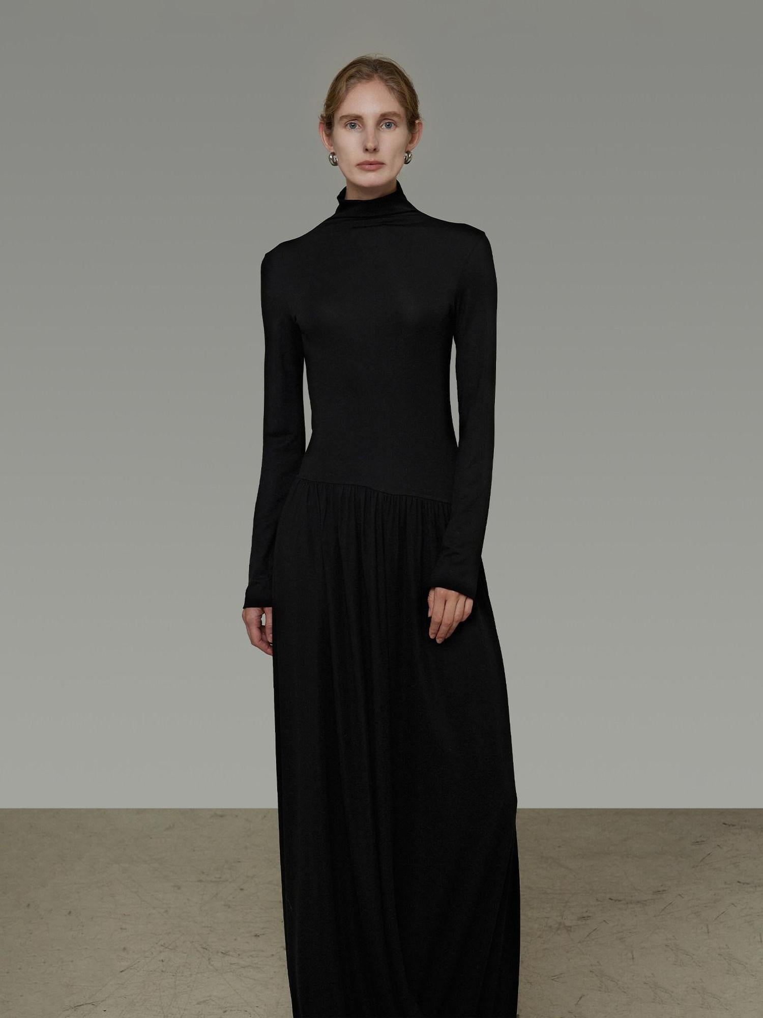 unspoken Modal Knit Turtleneck Slim Waist Long Sleeve City Workwear Black Maxi Dresses