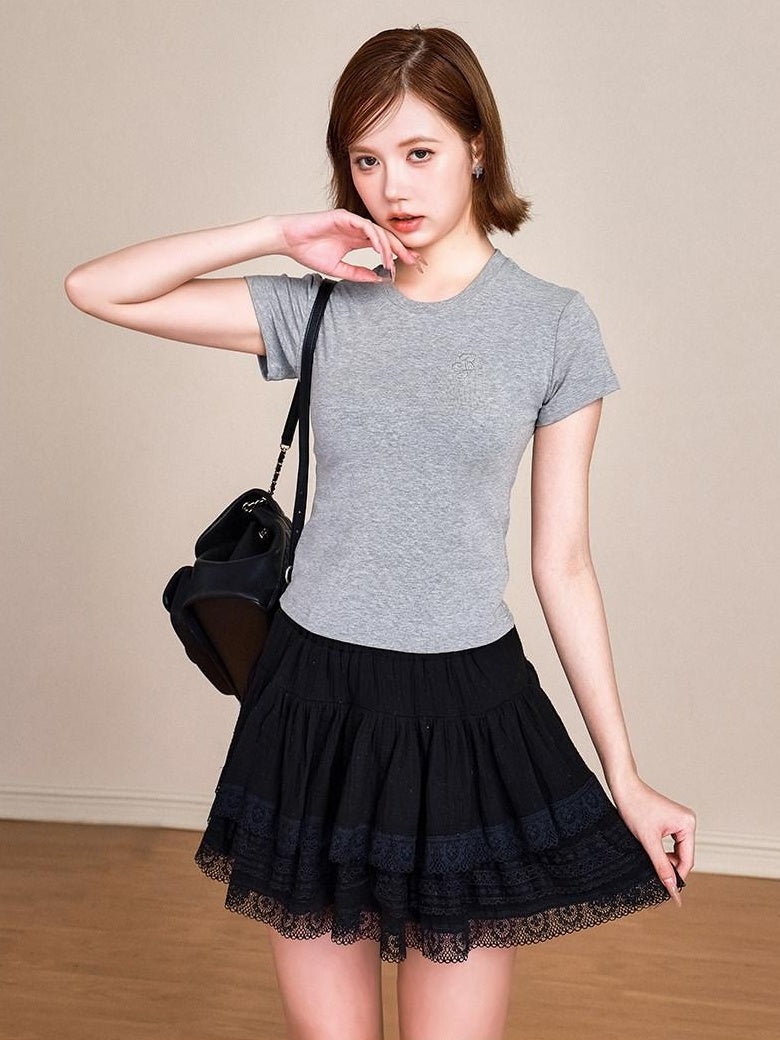 ikyou Pure Cotton Embroidered Slim Fit Short Sleeve Crew Neck Casual Basic Crop Tops