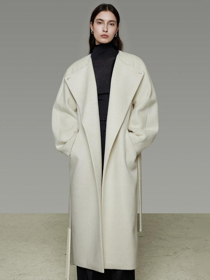 unspoken Lambswool Blend Tie Waist Oversized Commuter Longline White Wool Coats