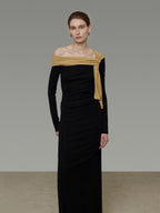 unspoken Breathable Lyocell Knit Slim A Line Waist Cinch V-neck Black Ladies Maxi Dresses