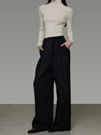 unspoken High Waist Tie Detail Minimalist Breathable Office Black Polyester Wide Leg Pants