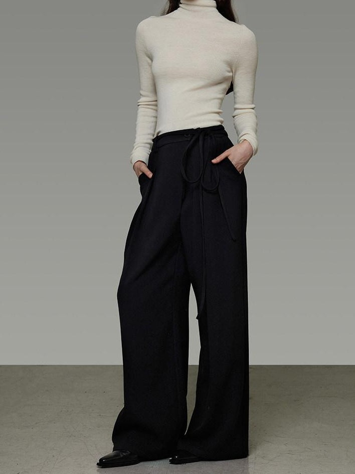 unspoken High Waist Tie Detail Minimalist Breathable Office Black Polyester Wide Leg Pants