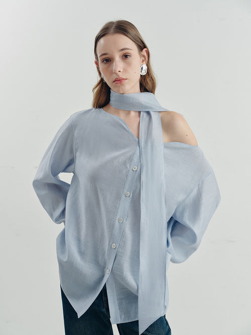 someonesometimes Breathable Lyocell Minimal Commuter Relaxed V-neck Button Tie Women Blouses