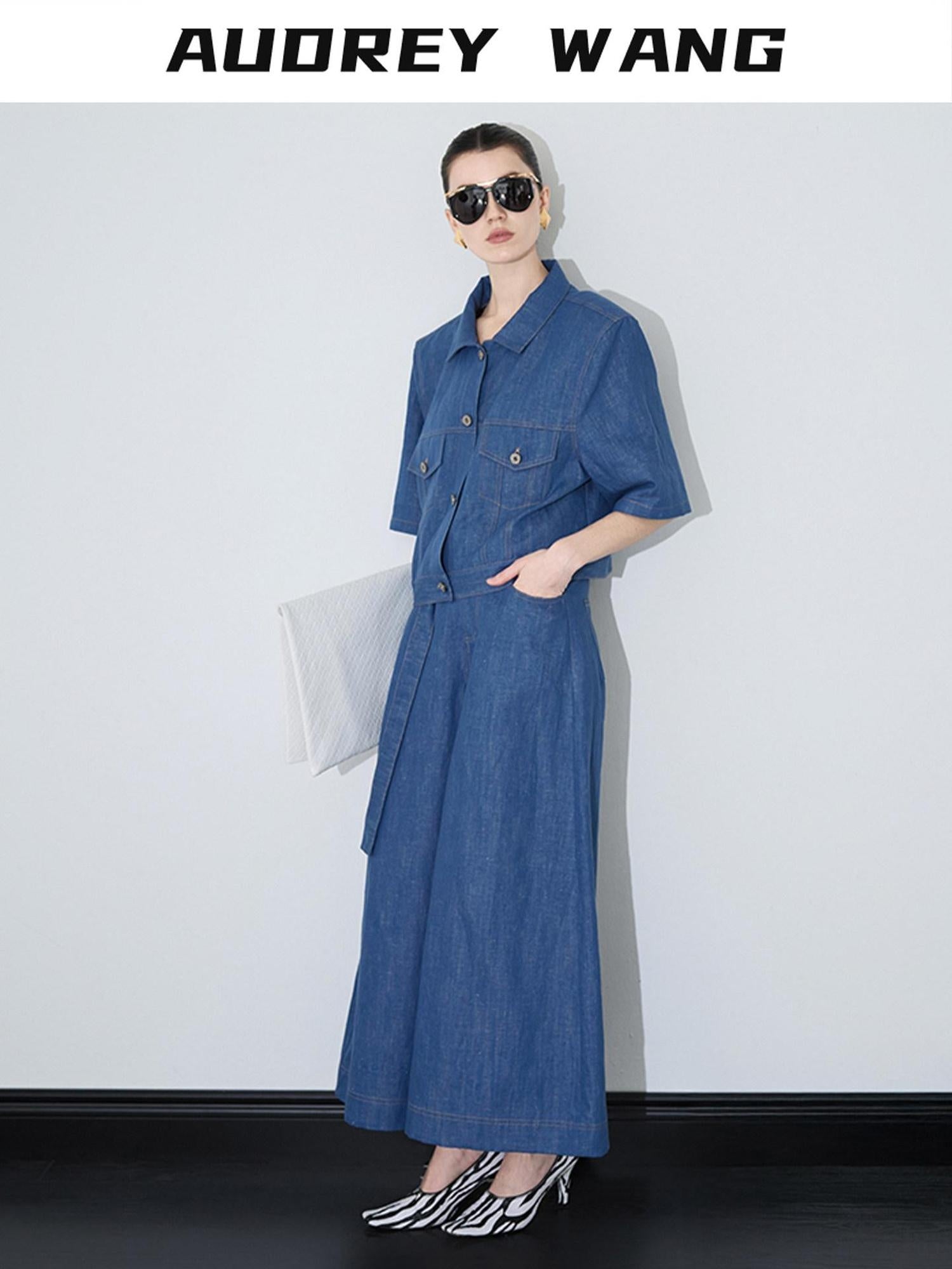 audreyyang Linen Blend Collared Short Sleeve Button Casual Denim Blue Top & Skirt Sets