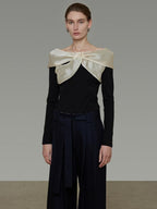 unspoken Elegant Slim Fit Knitted Contrast Bow Off Shoulder Long Sleeve Women Blouses