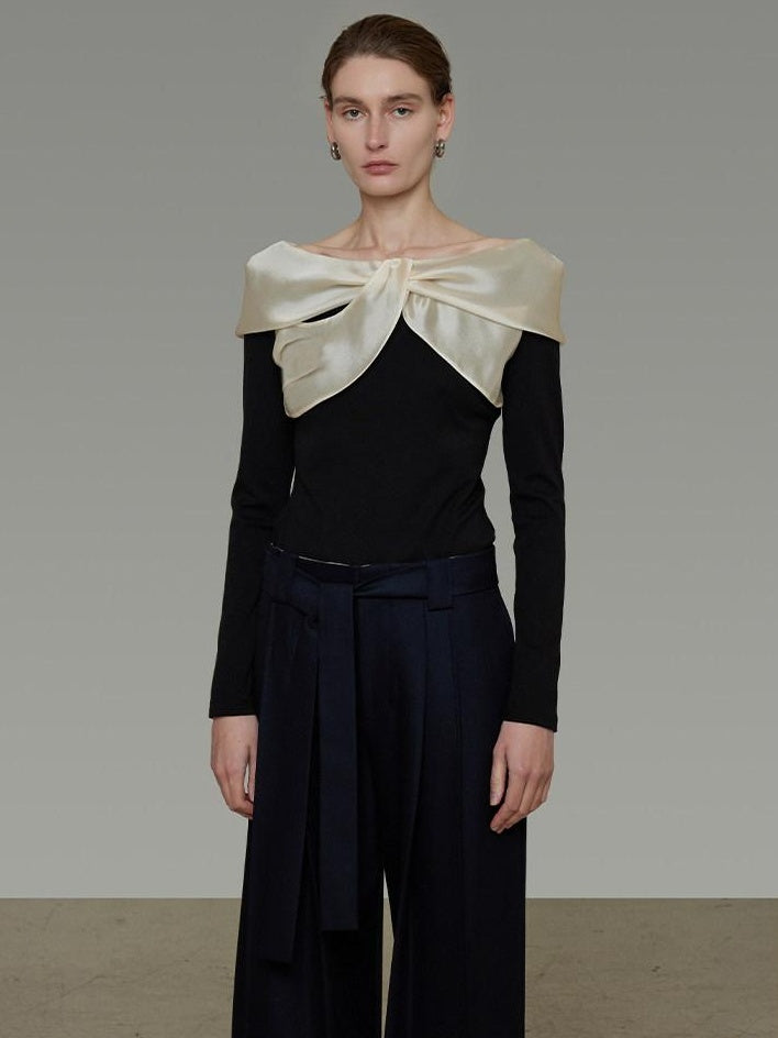 unspoken Elegant Slim Fit Knitted Contrast Bow Off Shoulder Long Sleeve Women Blouses