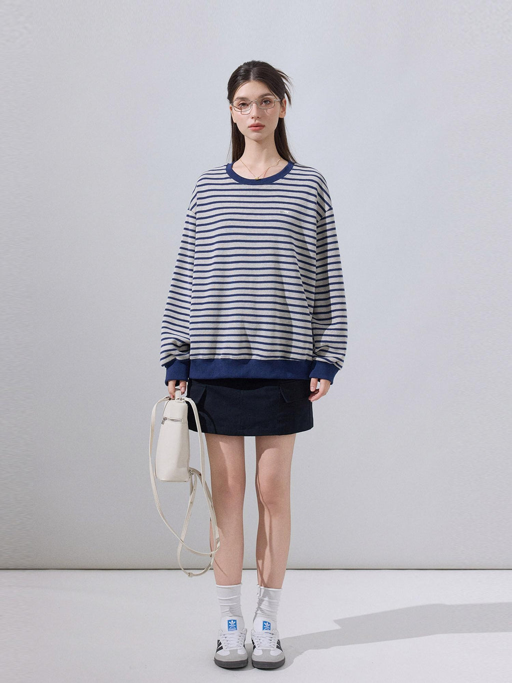 ikyou Soft Cotton Blend Loose Fit Striped Pullover Women Blue Gray Sweaters