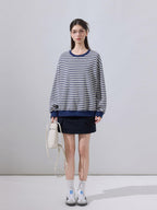ikyou Soft Cotton Blend Loose Fit Striped Pullover Women Blue Gray Sweaters
