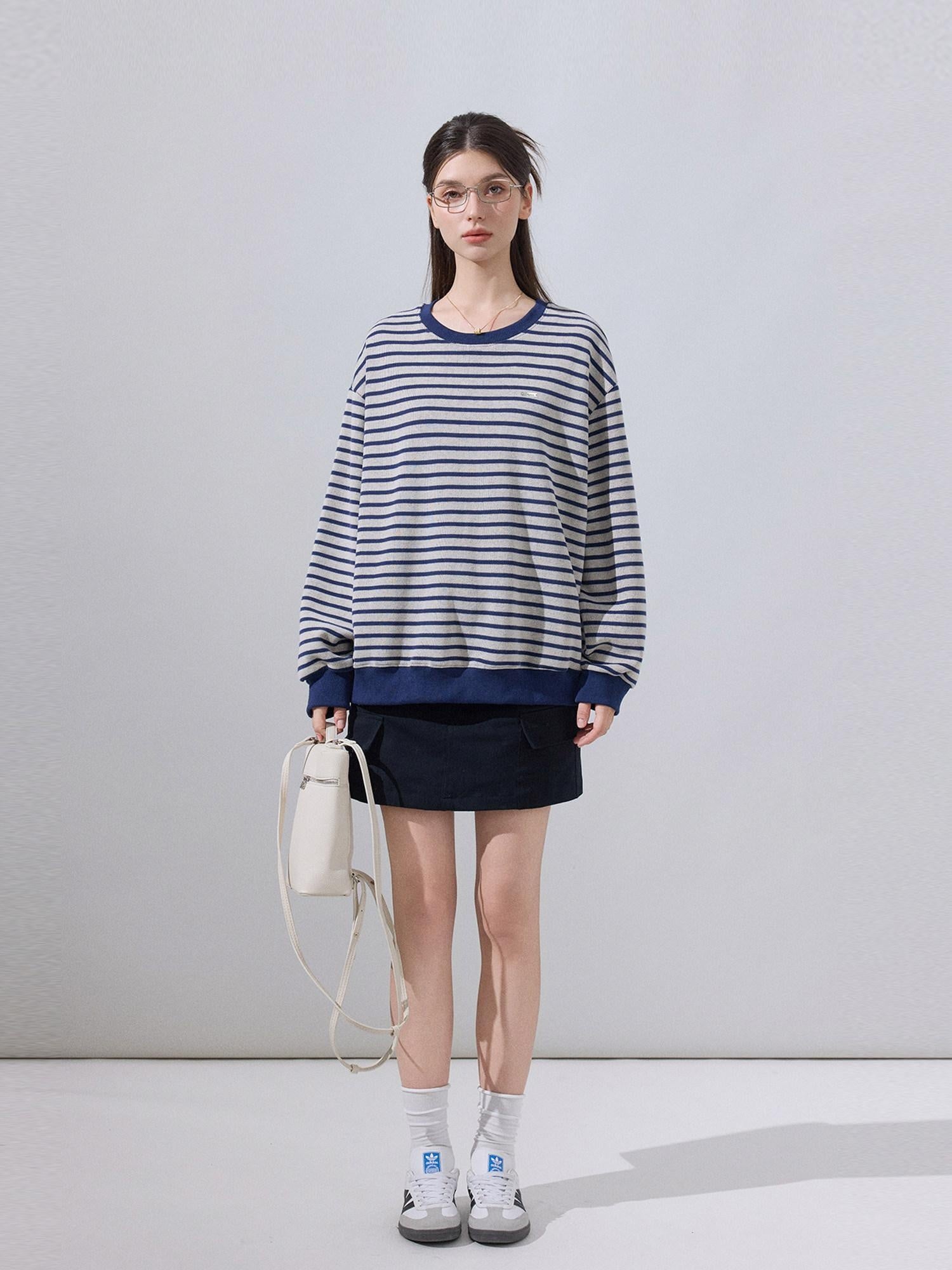 ikyou Soft Cotton Blend Loose Fit Striped Pullover Women Blue Gray Sweaters