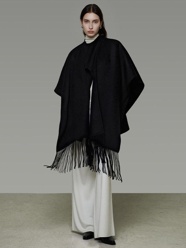 unspoken Pure Sheepswool Fringed Cape Commuter Women Structured Black Wool Coats