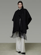 unspoken Pure Sheepswool Fringed Cape Commuter Women Structured Black Wool Coats