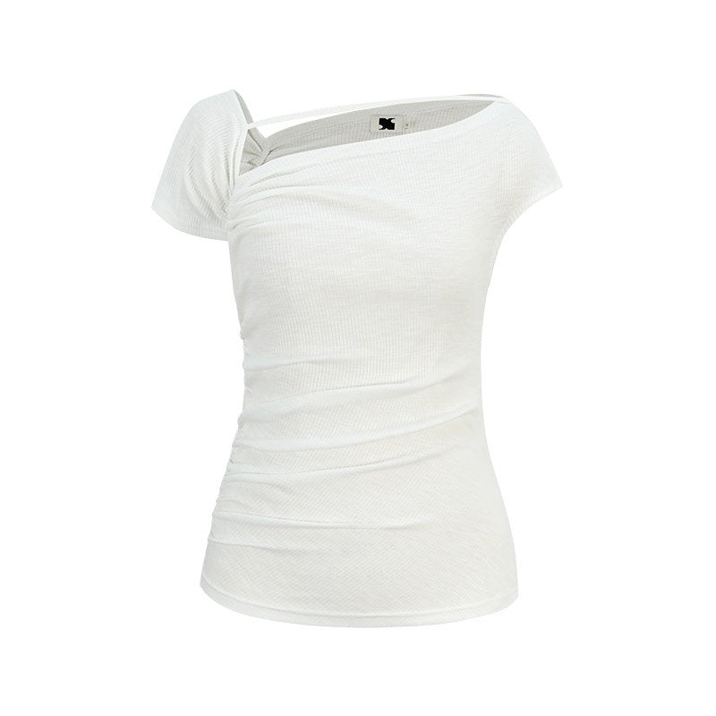 someonesometimes Lightweight Ruched Asymmetric Cropped Slim Fit Pure White Short Sleeve T-Shirts
