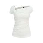 someonesometimes Lightweight Ruched Asymmetric Cropped Slim Fit Pure White Short Sleeve T-Shirts