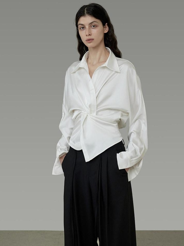 unspoken Shape Retaining Relaxed Slim V-neck Button Long Sleeve Women Polyester Blouses