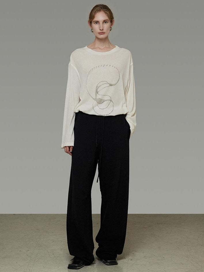 unspoken Lightweight Printed Minimalist Loose Round Neck Women Cream Pullover Sweaters