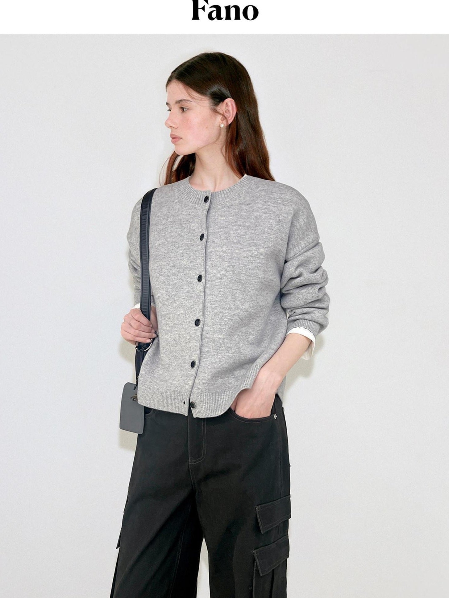 fano Thermal Wool Blend Office Straight Crew Neck Women Light Gray Cardigans