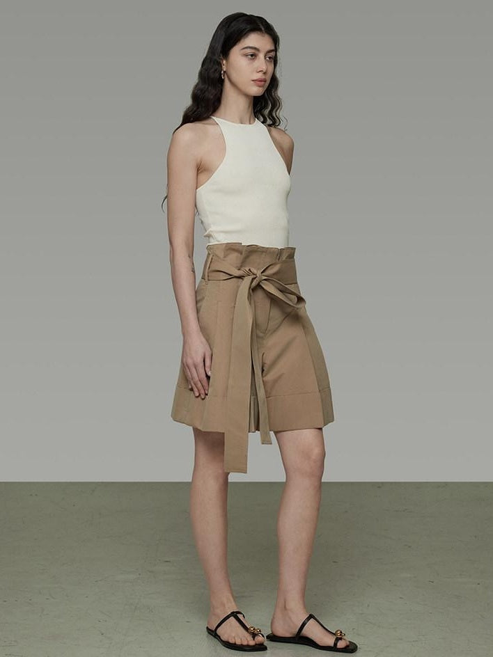 unspoken High Waist Drawstring Minimalist Workwear Cotton Blend Khaki Mid-Length Shorts