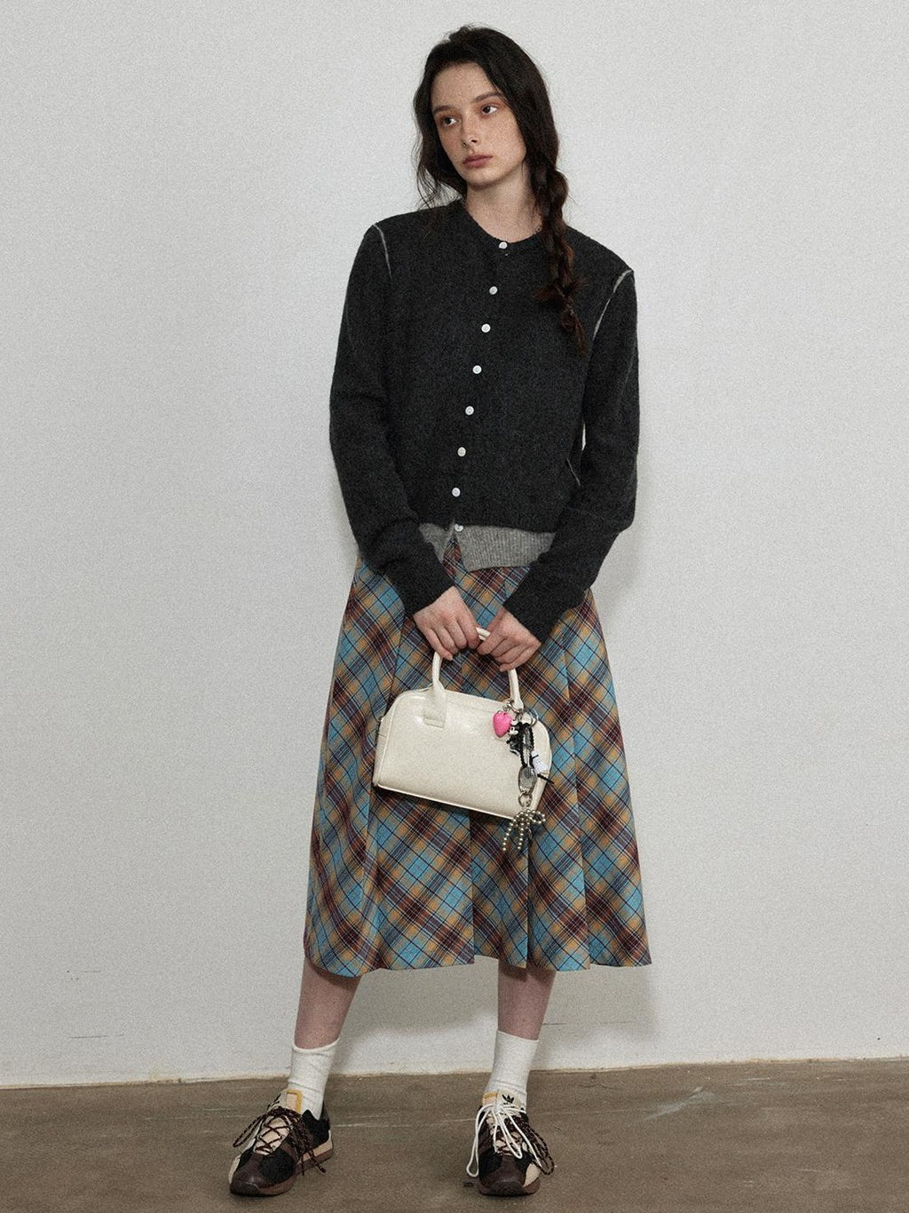 Lofi choose Office Loose Fit Colorblock Button Crewneck Graphic Layered Women Knit Cardigans