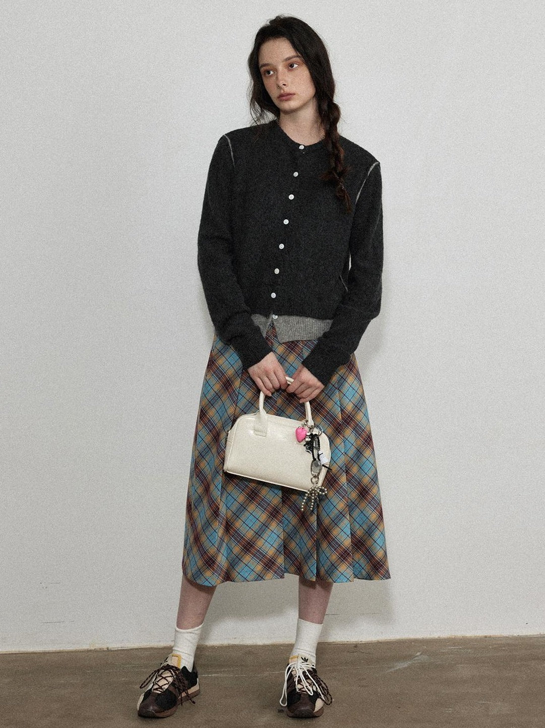 Lofi choose Office Loose Fit Colorblock Button Crewneck Graphic Layered Women Knit Cardigans