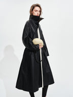 audreyyang Detachable Belt Pure Cotton Loose Long Single Breasted Women Black Trench Coats