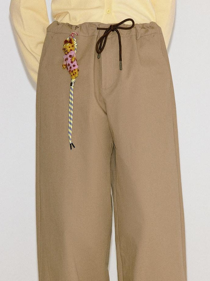 fano Cotton Elastic Waist Pocket Korean Workwear Women Khaki Straight Pants