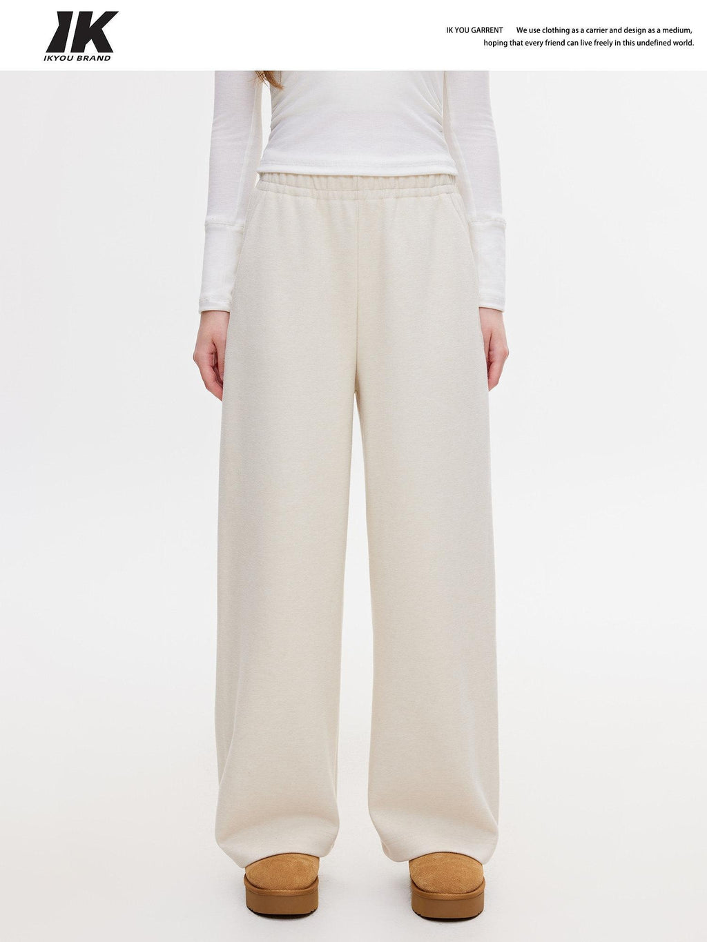 ikyou Wrinkle Resistant Asymmetric High Waist Loose Straight Commuter Beige Sweatpants