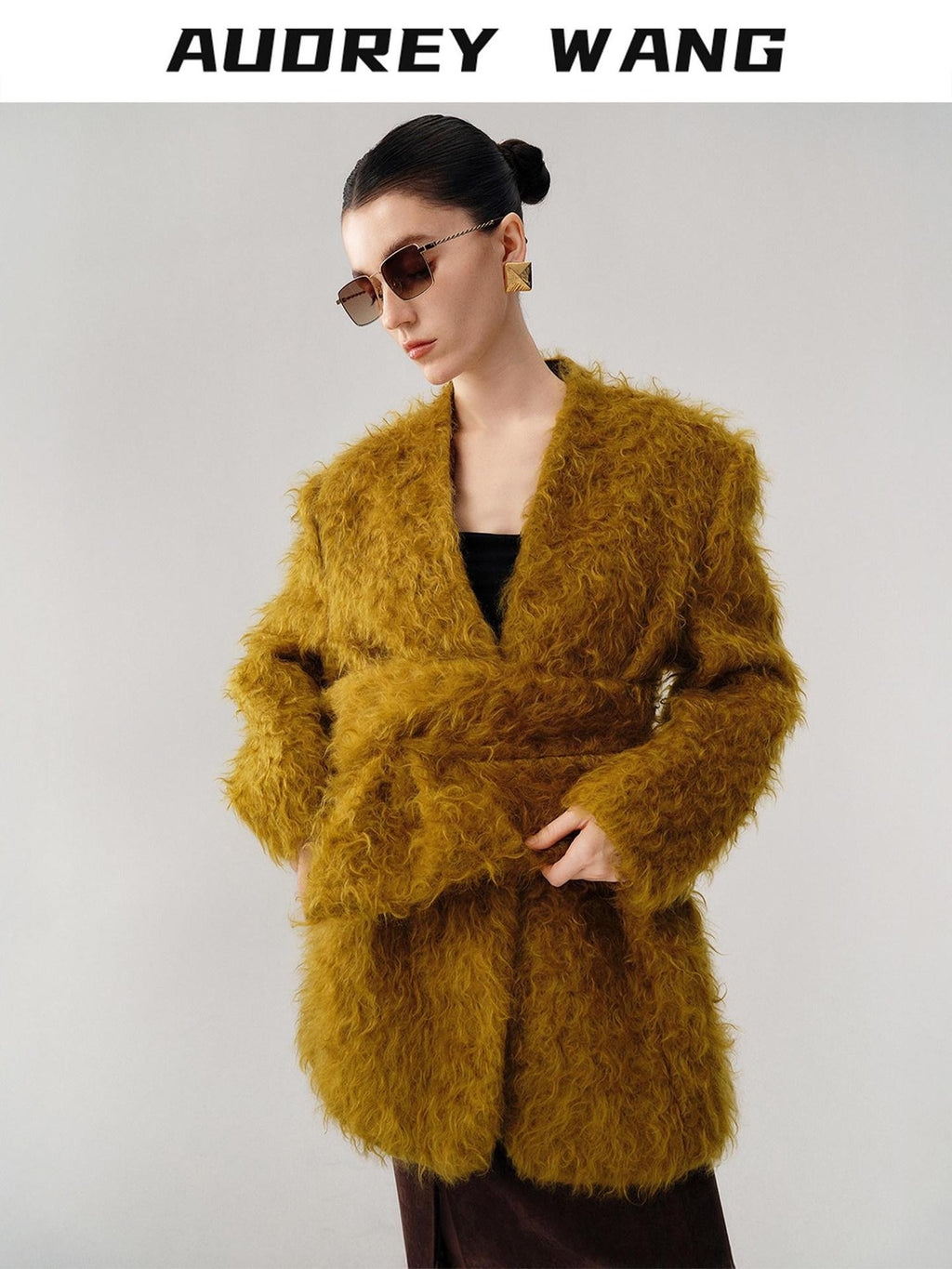 audreyyang Thick Mohair Blend Commuter V-neck For Women Solid Mustard And Grape Wool Coats
