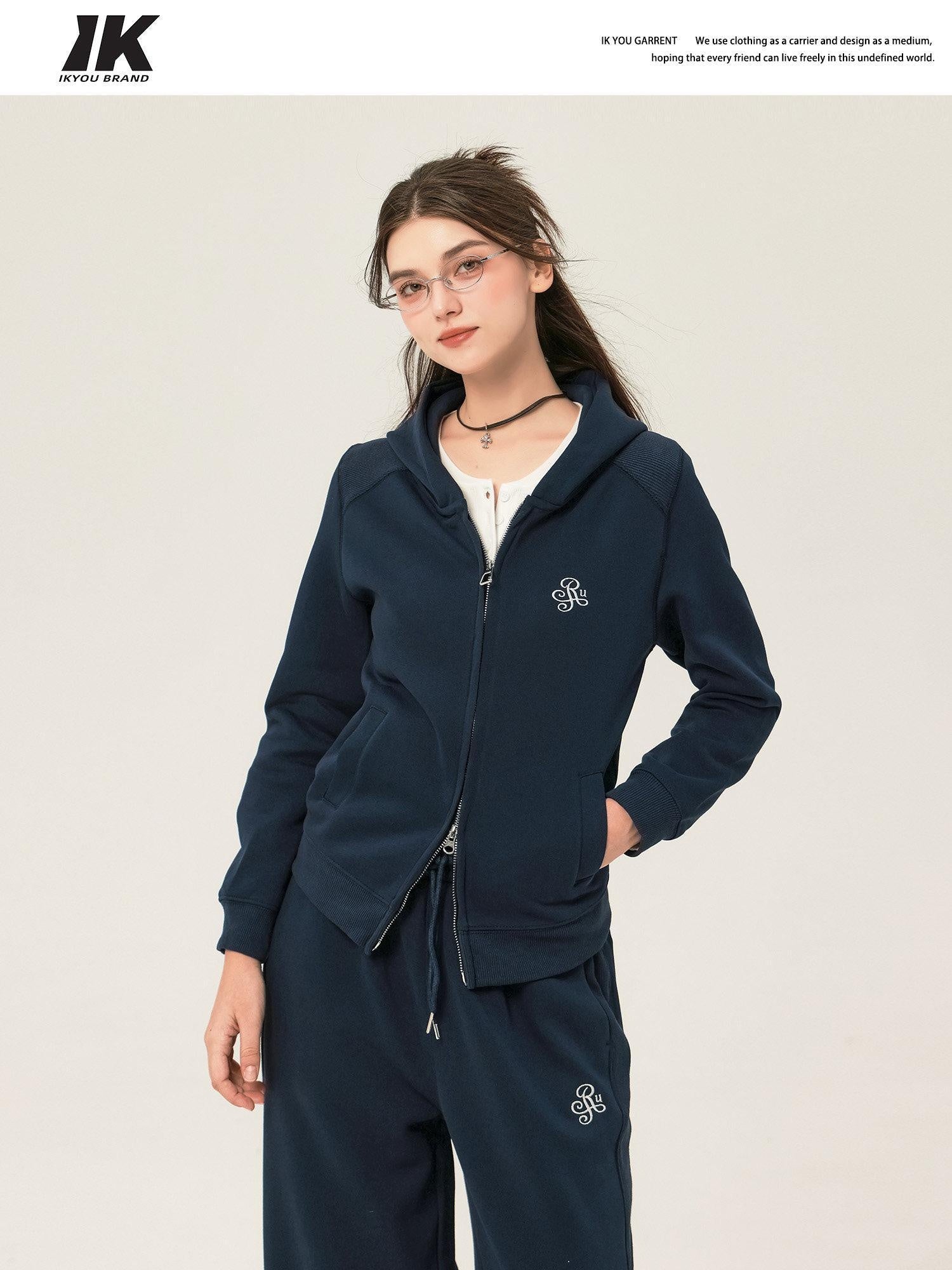ikyou Slim Embroidered Ribbed Patchwork Cotton Lined Commuter Sweatpants