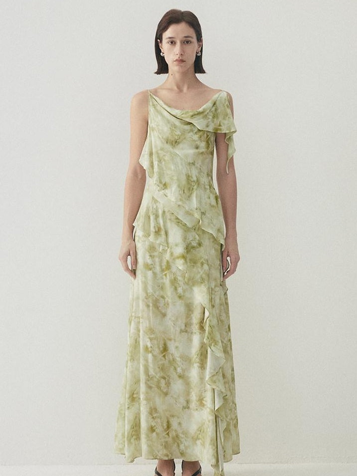 someone sometimes Viscose Asymmetric Ruffle Hem Cinched Waist Aline Lake Green Maxi Dresses