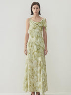 someone sometimes Viscose Asymmetric Ruffle Hem Cinched Waist Aline Lake Green Maxi Dresses
