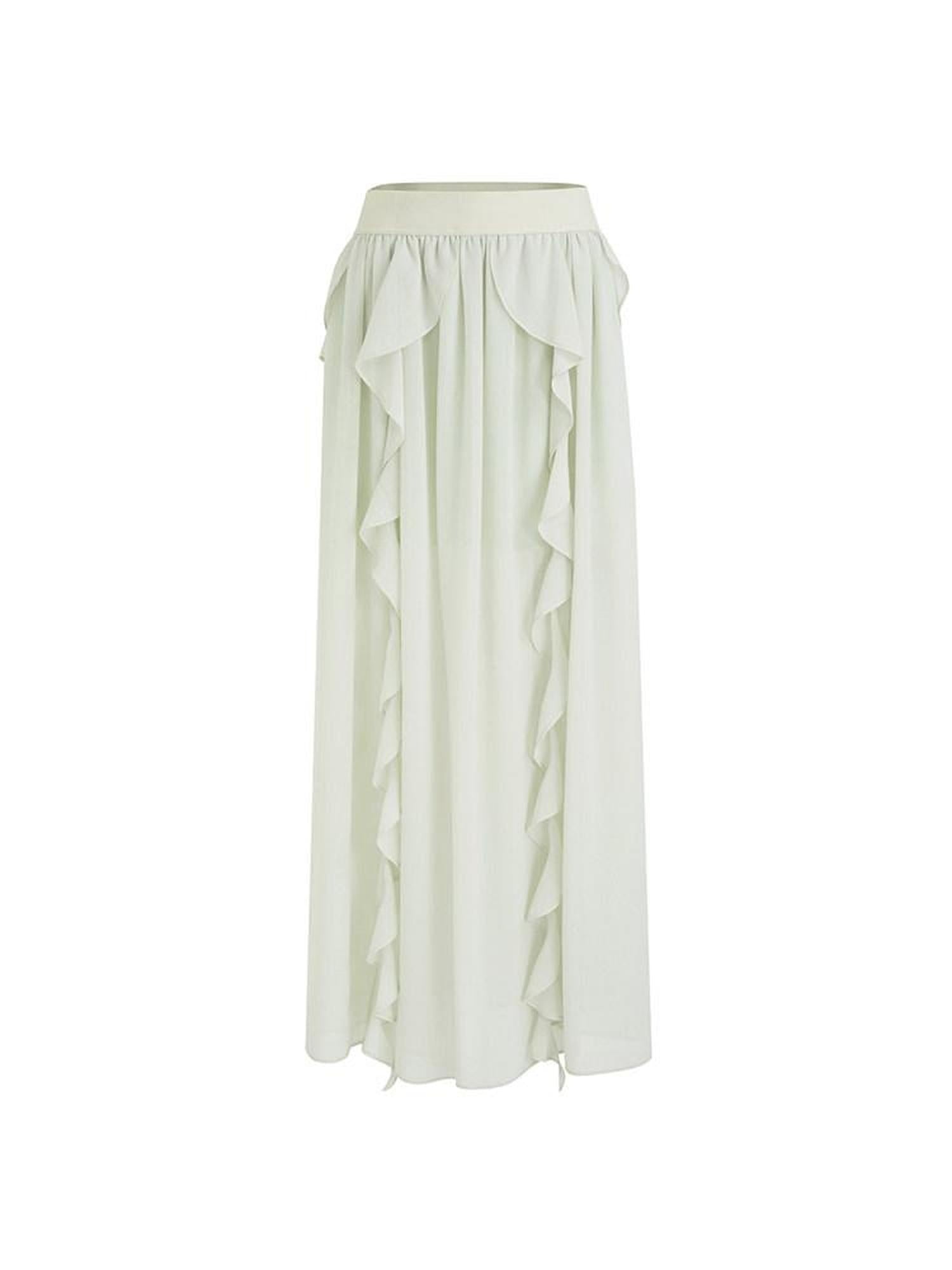 unspoken Lined Mid Waist Classic Solid Green H Shape Loose Commuter Women Maxi Skirts